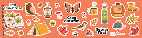 Autumn sticker collection with owl, lantern, tent and forest elements for cozy camping, hiking and seasonal projects. Die cut with white outline. Trendy modern flat vector illustration