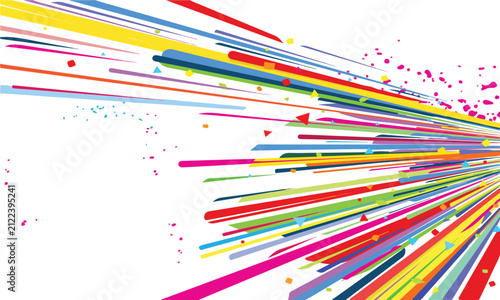 Abstract rainbow speed lines motion blur effect with dynamic colorful stripes radiating across white background graphic element.
