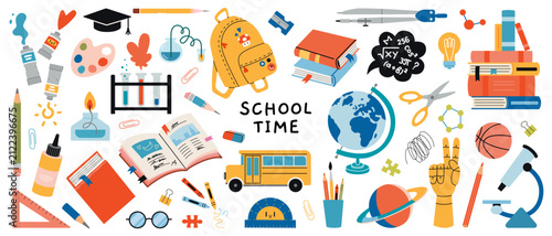 School supplies collection with books, backpack, globe and science symbols for education, learning and classroom design. Flat vector illustrations isolated on white background