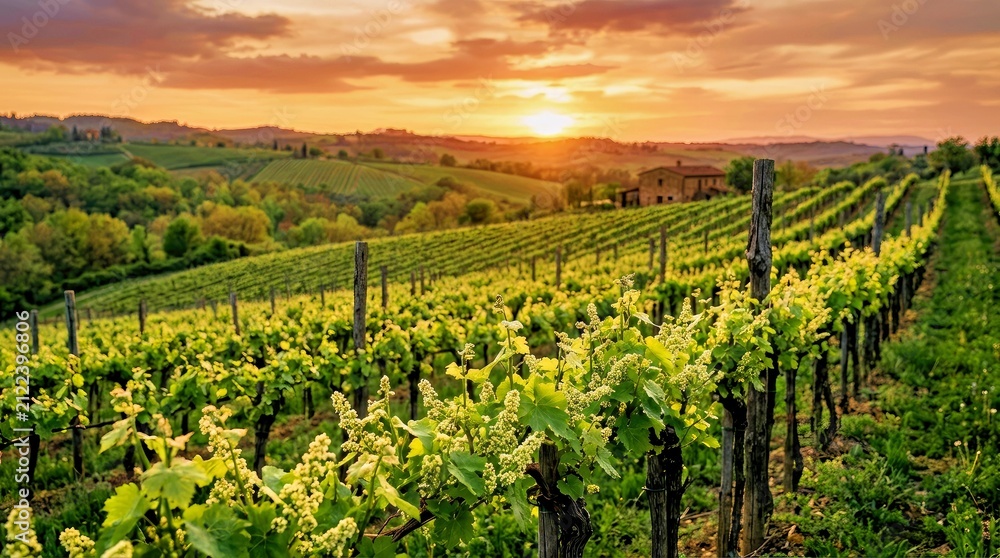 Obraz premium Vineyard Rows at Sunset With Rolling Hills