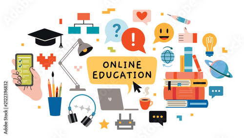 Fotografía Online education concept with laptop, smartphone, books and study symbols for e-learning, distance education and digital classroom
