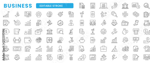 Business and Finance icons in line style. Money, bank, contact, infographic. Icon collection vector illustration. Editable icon set.