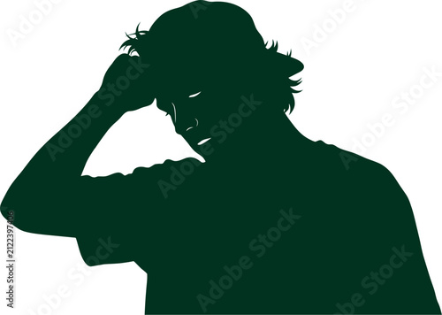Pensive young man holding his head in silhouette against transparent background
