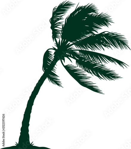 Stormy weather palm tree bending under strong wind in graphic silhouette