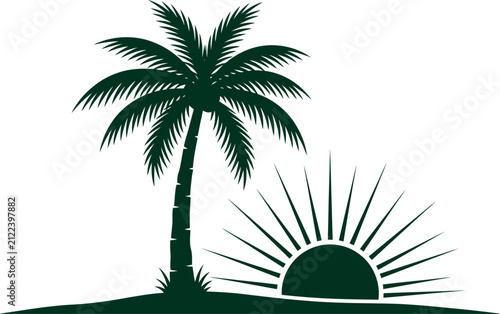Tropical palm tree standing beside a rising sun in vector silhouette