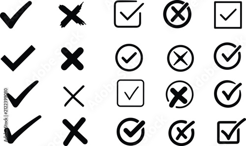 Collection of black check mark and cross mark including various styles of ticks and x symbols in circles and squares, isolated on a white background