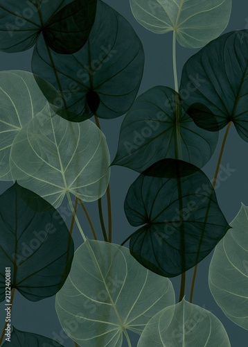 Seamless pattern of large, dark green leaves on a dark blue background. the leaves are arranged in a repeating pattern, with each leaf having a unique shape and size.