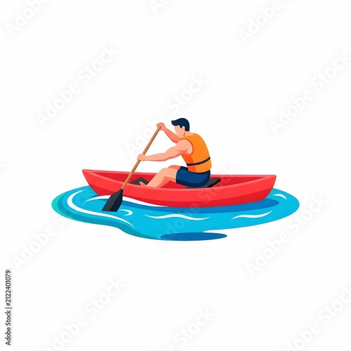 Man Canoeing in Red Canoe Vector Illustration