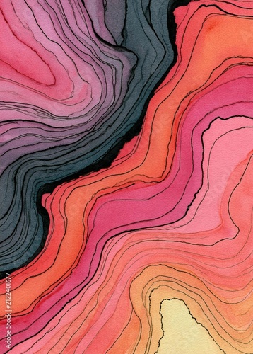 Abstract digital art piece with a colorful and fluid composition. it features a variety of shapes and lines in different colors, including pink, orange, yellow, and black.