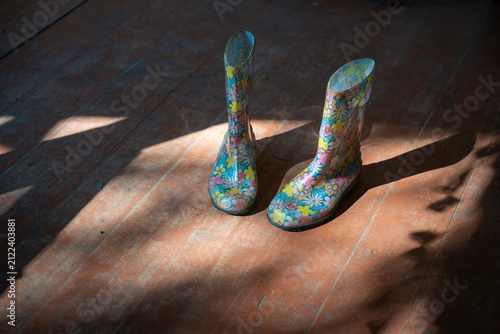 Floral pattern rubber rain boots standing on rustic wooden floor in sunlight