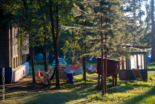 Summer camp yard with multiple hammocks hanging between trees near wooden buildings