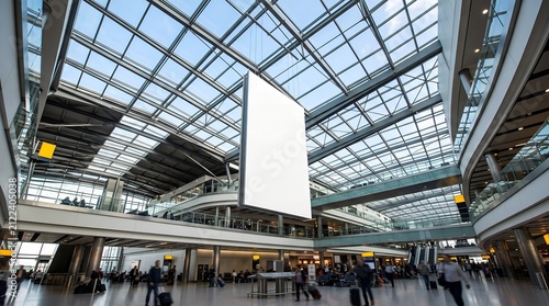 Modern airport terminal interior with glass roof and large blank white billboard for advertising mockup