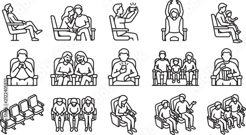 People sitting in cinema theater seats line icons set showing various audience behaviors and social interactions vector