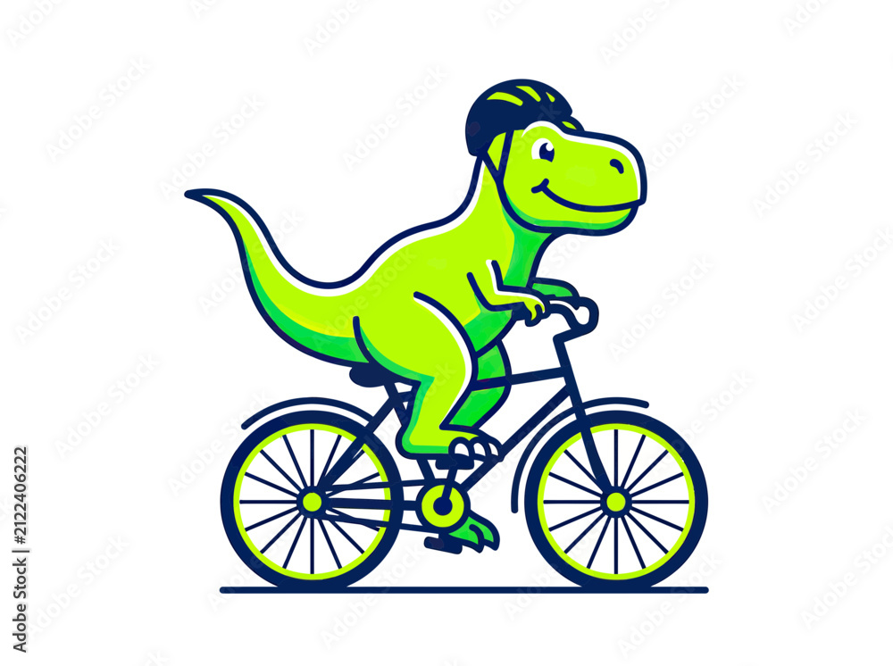 Naklejka premium Cartoon Dinosaur Riding Bicycle with Helmet