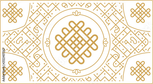 Traditional indian rangoli pattern with geometric lines and floral motifs, gold vector illustration