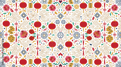 Seamless pattern with chinese lanterns, flowers and traditional ornaments