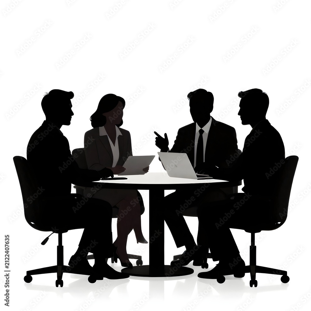 Obraz premium Business team meeting and discussion silhouette icon flat vector asset