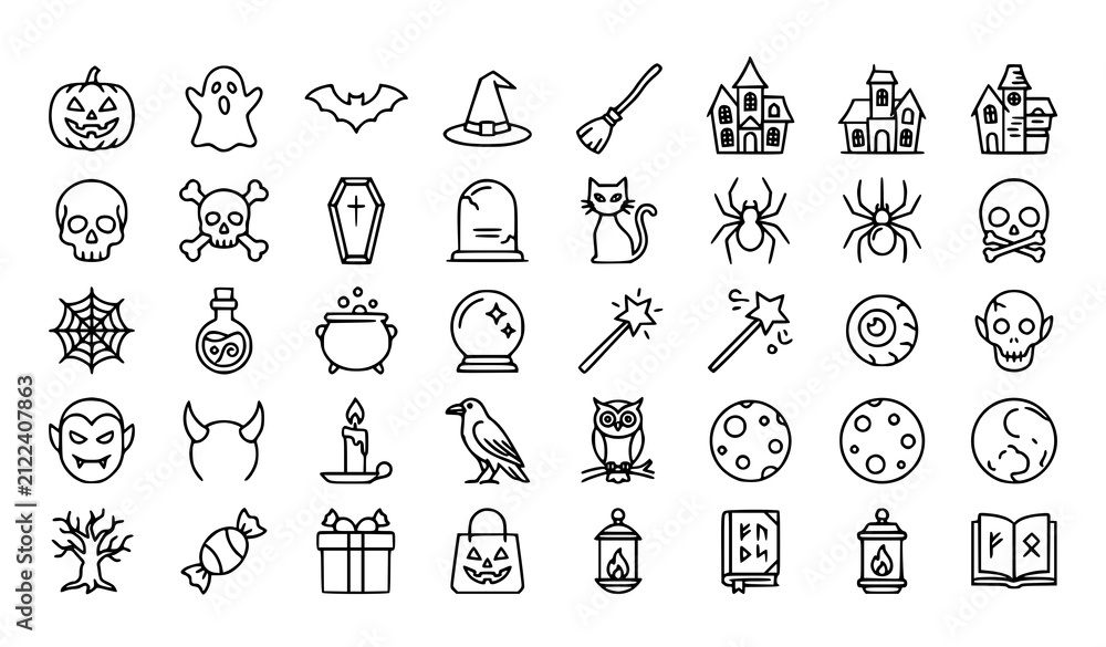 Fototapeta premium Halloween Spooky Outline Icons Collection Horror Editable Vector Pack