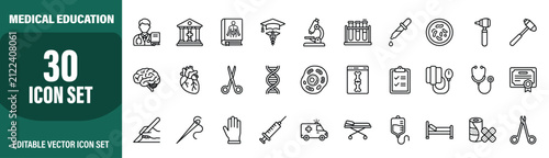 Foto Collection showing thirty distinct line art style icons representing various med