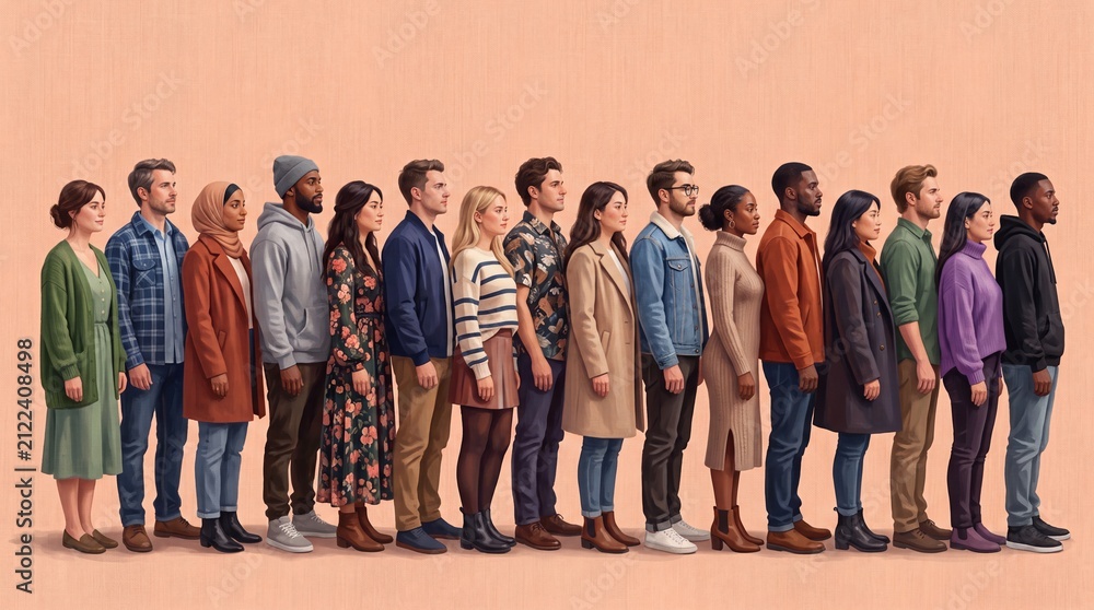 Fototapeta premium Diverse group of people standing in a line representing unity equality and inclusivity in a colorful setting with diverse individuals different against warm background assortment
