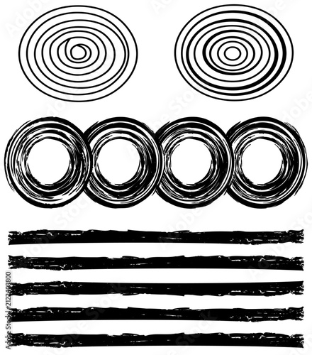 Hand Drawn Circular Brush Stroke Vector Set with Spiral Rings and Rough Horizontal Lines