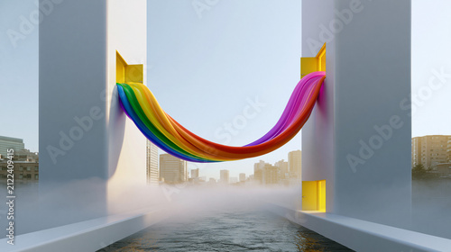 Rainbow Bridge Connecting Two Modernist Towers Over Water