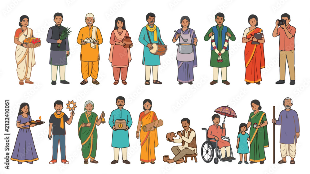 Fototapeta premium Flat vector collection of diverse individuals celebrating Ganesh Chaturthi festival