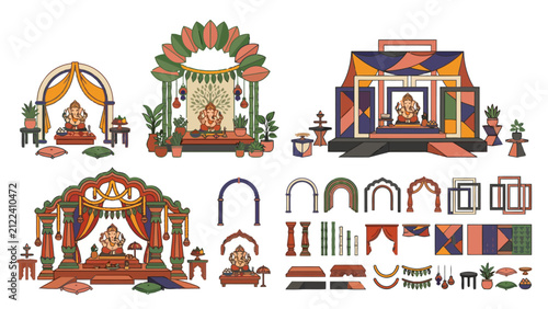 Modern Ganesh Chaturthi flat vector collection showcasing cultural celebrations