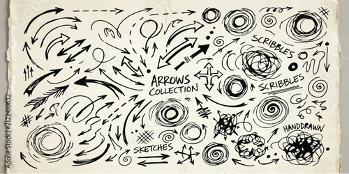 Assorted hand drawn ink arrows and decorative circular scribbles collection with sketches handdrawn elements collection pointers abstract direction artistic