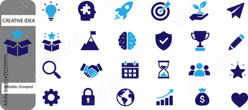 Creative idea icon set with 24 business startup symbols, flat blue and navy marketing vector elements, professional growth and innovation graphics ,Clean grouped each vector icon.