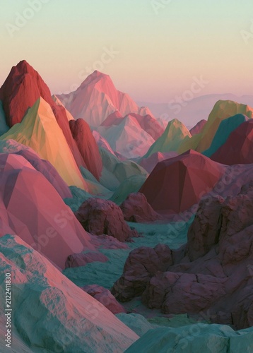 Digital illustration of a mountainous landscape. the sky is a gradient of pink and orange, with the sun setting in the background.
