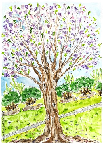 Blooming purple tree, watercolor illustration