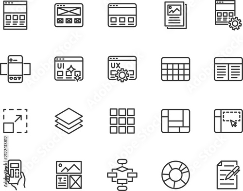Vector set of template line icons. Contains icons  mockup, wireframe, layout, flowchart, grid, flyer, layers and more. Pixel perfect.