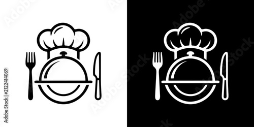 Stylized culinary icon depicting a traditional chef's hat, a covered food serving dish, fork, and knife, ideal for restaurant branding and gourmet food service
