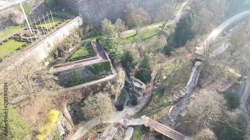 High angle aerial flight over UNESCO World Heritage site monument in Luxembourg capital