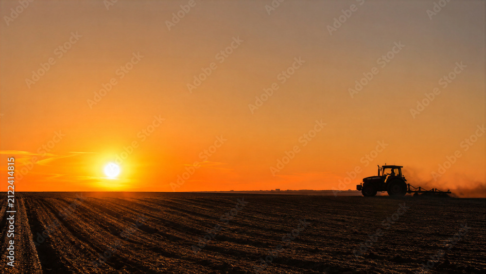 Obraz premium Distant Tractor Silhouette Plowing an Open Field at Sunset