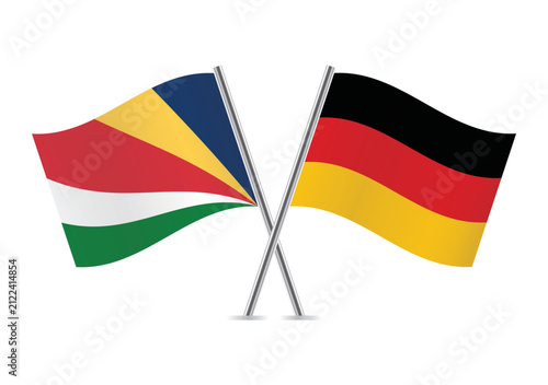 Seychelles and Germany crossed flags on a white background. Vector illustration.