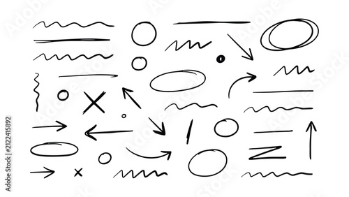 Hand-drawn black ink doodle set featuring arrows, circles, wavy lines, cross marks, and underlines on a white background