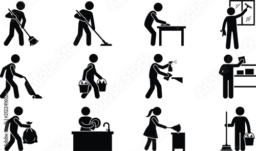 Cleaning service stick figure icons set vector silhouettes