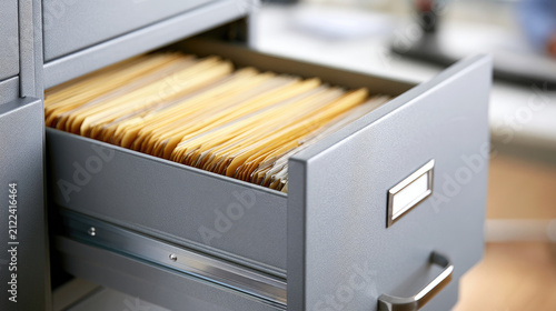 Records management, File archive. Filing cabinet drawer stores organized paper folders for secure document retention, records administration, office filing and business compliance.