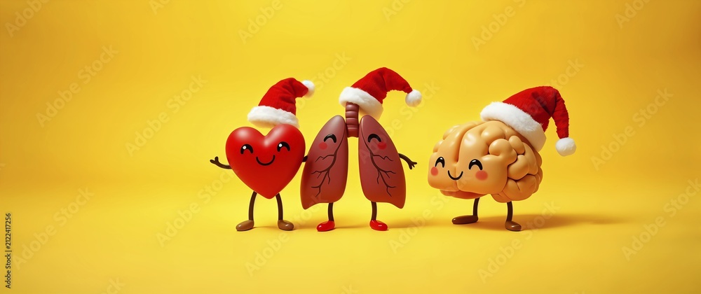 Naklejka premium Cartoon heart, lungs, and brain with smiling faces in tiny Santa hats celebrating Christmas on bright yellow background with copy space, medicine and healthcare, biology concept, AI generated