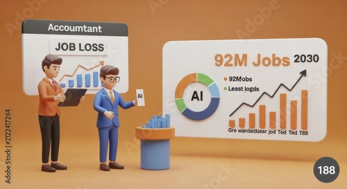 3D figures illustrate accountant job loss and AI impact in a playful manner, ai job loss illutration concept, AI generated