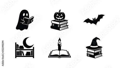 Collection of six black Halloween themed including a ghost reading a book, a pumpkin, a bat, a bookshelf with a moon, a lit candle on an open book and a witch hat on books