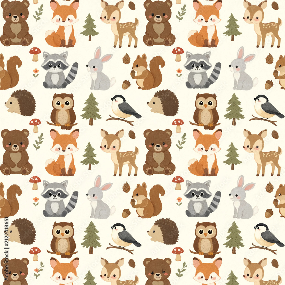 Obraz premium Cute Woodland Animals Seamless Pattern with Forest Friends Illustration