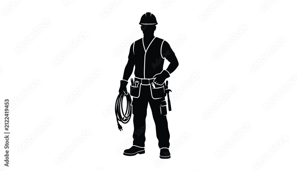 Obraz premium Electrician Silhouette with Tools and Cable in Studio Lighting for Construction Concept