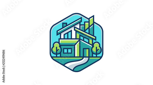 Modern Home Icon: A stylized graphic represents a contemporary house with clean lines, geometric shapes, and natural elements like trees and a path, suggesting modern living and architectural design.