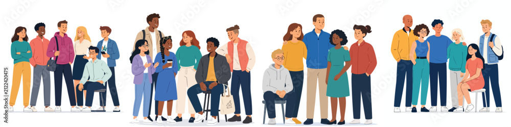 Obraz premium A collection of modern vector illustrations featuring a group of friends gathering, set against a white background.