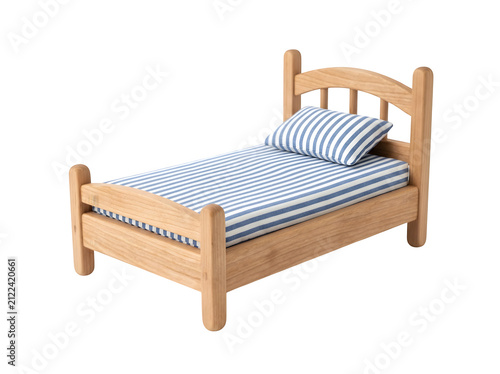A small wooden toy bed with blue striped bedding isolated on transparent background