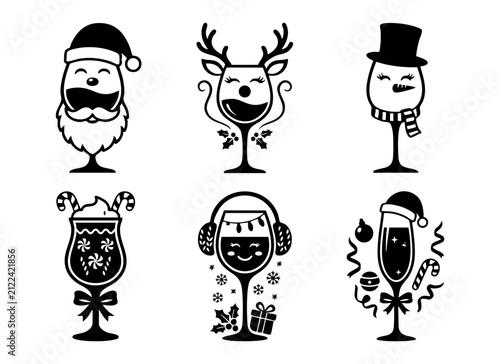 Christmas wine glass SVG bundle with Santa Claus reindeer snowman and festive holiday cocktail illustrations.
