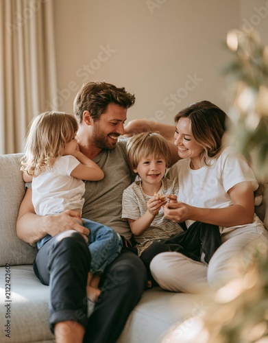 Happy family portrait with parents and children smiling together at home